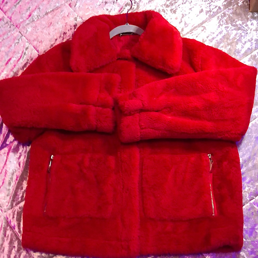 Rare Red Fluffy Button Down Jacket